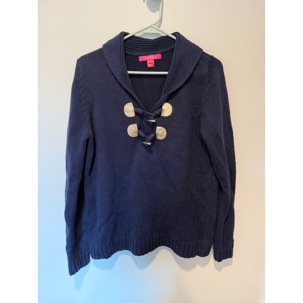 Lilly Pulitzer Navy Blue Cotton Toggle Shawl Collar Knit Sweater 000879 Mens M